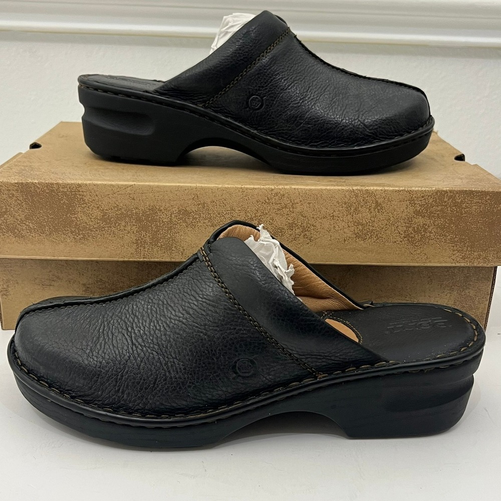 Born Women's Mount II Black Full Grain Leather Comfort Clogs Mules Size 10 Boxed